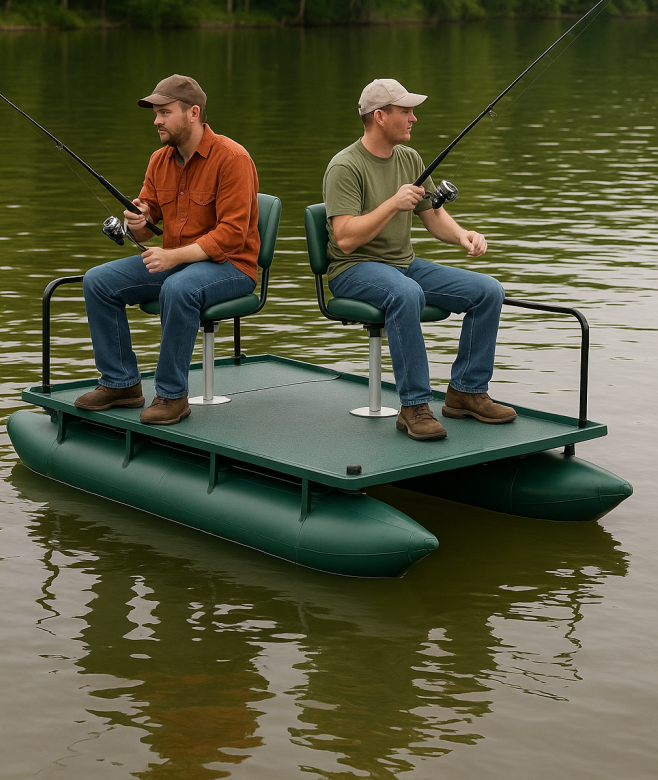 2 men fishing on a pontoon boat