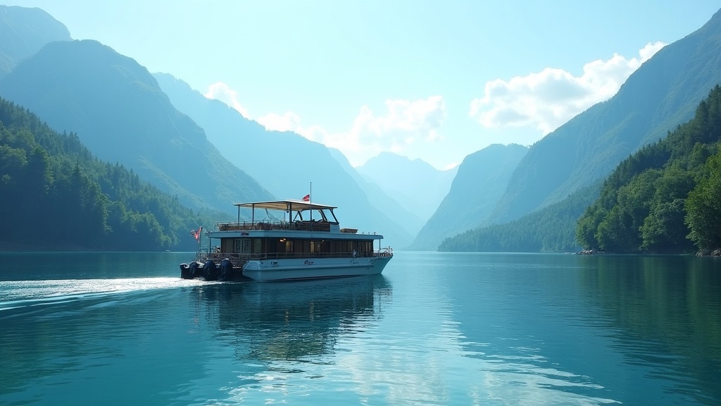 A family-friendly pontoon boat cruising on a lake surrounded by forested mountains, gentle waves, and clear blue skies.