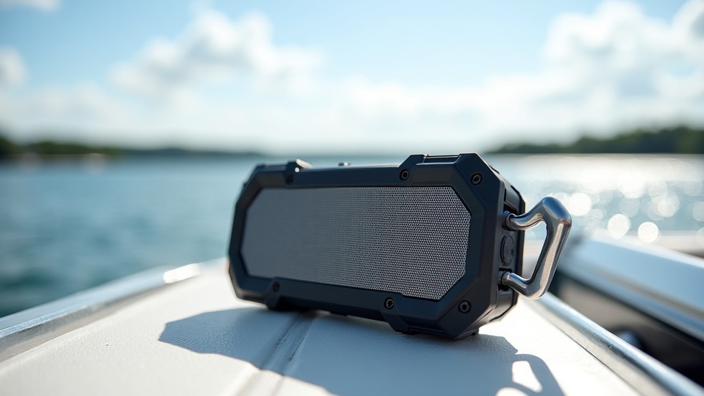 Bluetooth speaker on a pontoon boat near the water