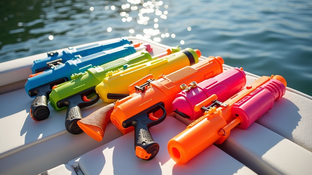 nerf water gun on a pontoon, sunny day, water splashing