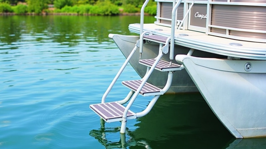 Pontoon boat at dock with ladder attached for easy water access