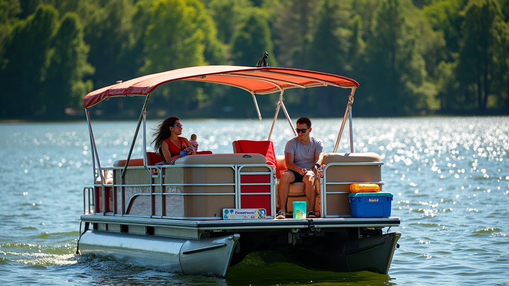 pontoon boat with colorful floaties and toys anchored on a calm lake near a wooded shoreline