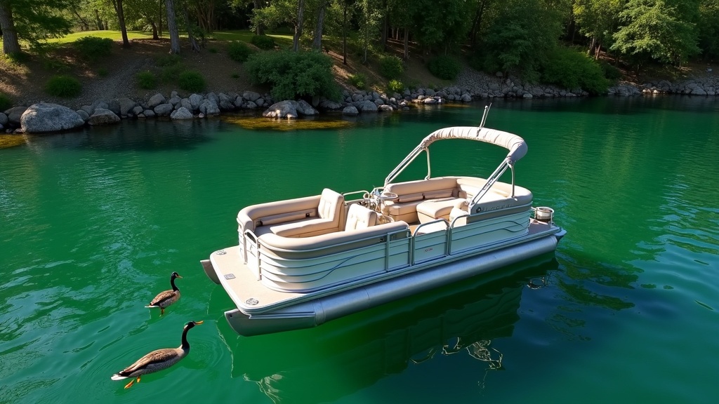A clean pontoon boat floating peacefully on clear green water, surrounded by lush shoreline and ducks nearby