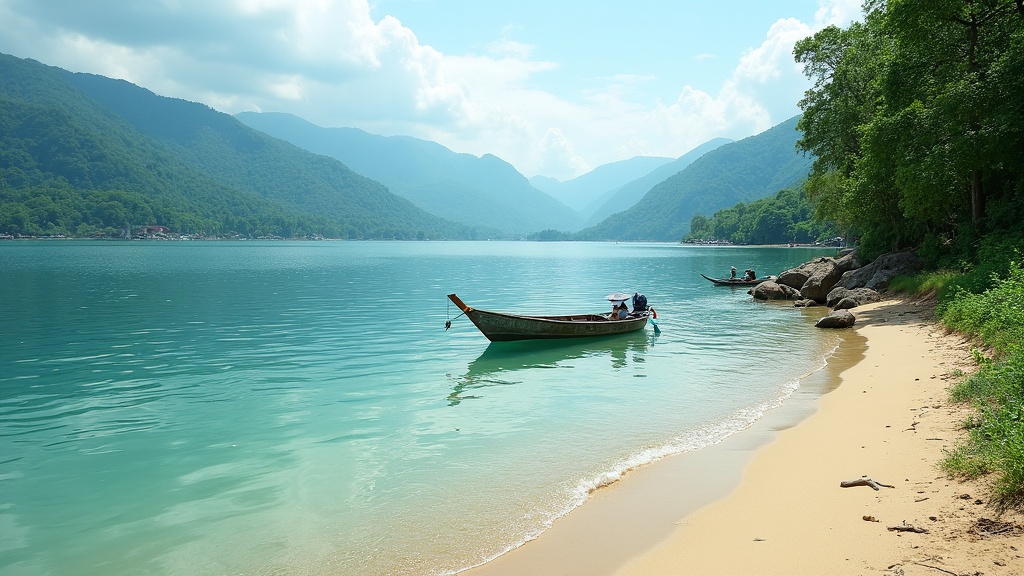 A clean, scenic freshwater shoreline with a small boat and lush greenery. No people present.