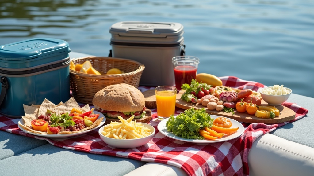 A colorful assortment of picnic foods and coolers laid out on the deck of a pontoon boat with calm water in the background