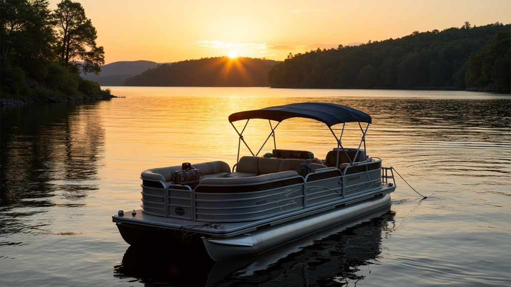 A family pontoon boat anchored beside a wooded island under a colorful sky.