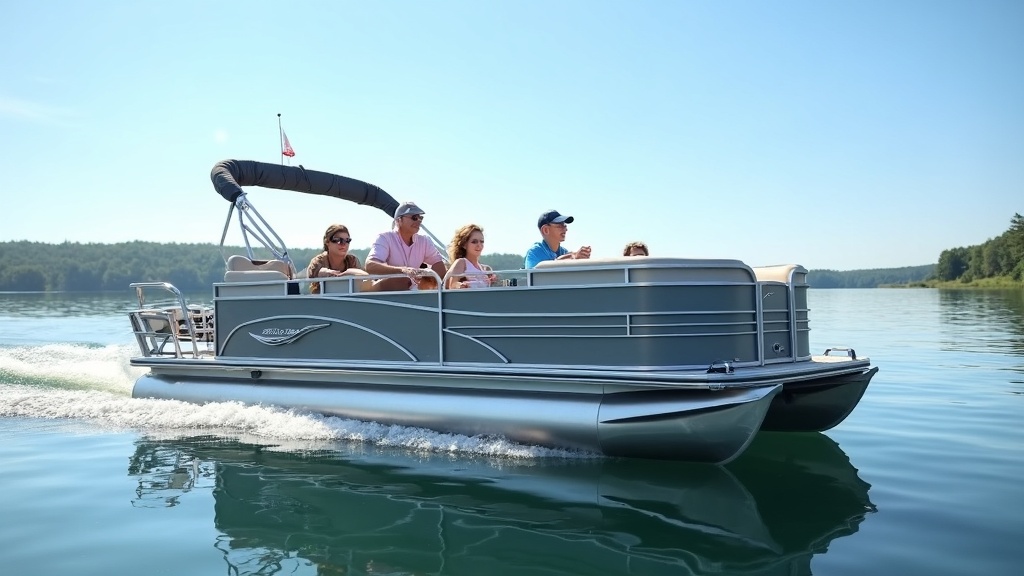 A modern family pontoon boat on a calm lake, showcasing advanced hull design and features