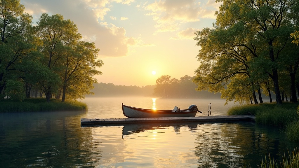 A wide peaceful water scene at sunset with a dock and a boat tied to it, surrounded by lush greenery. No people visible.