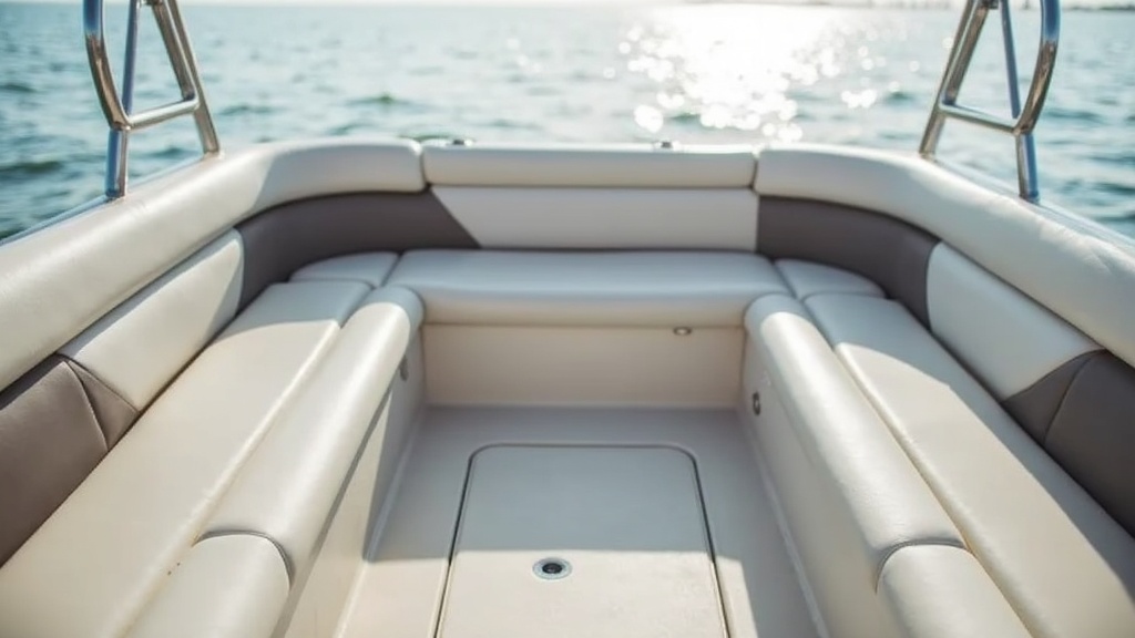 Close-up of clean pontoon boat seats and flooring on a sunny day.