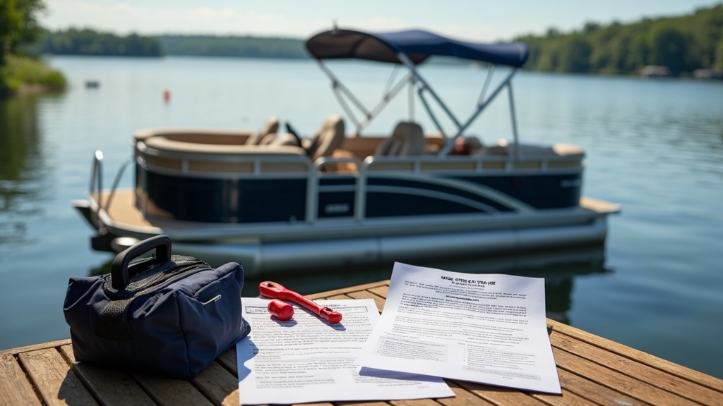 Pontoon boat docked at a peaceful lake, with warranty documents and toolkit visible in the foreground
