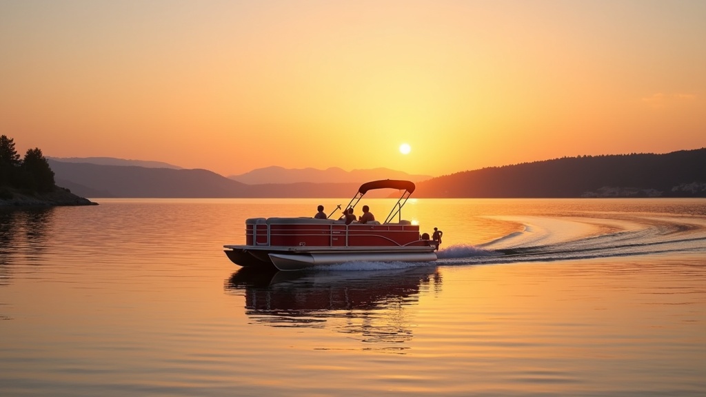 Pontoon boat floating on a calm lake at sunset