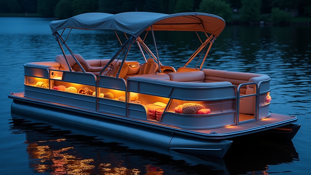 Pontoon boat on a lake with open storage compartments and family gear neatly organized