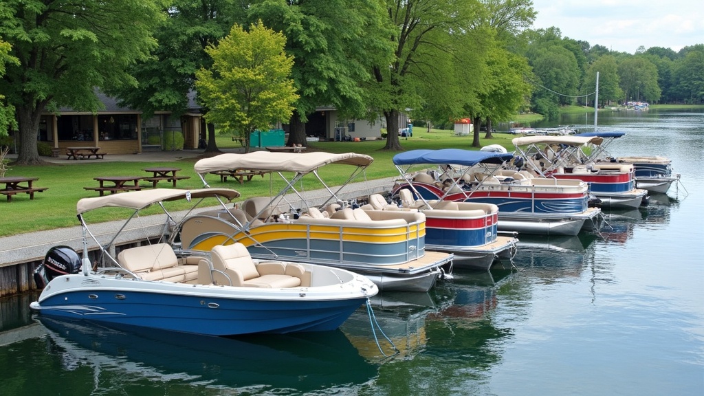 Kids fishing from a family pontoon on a peaceful lake