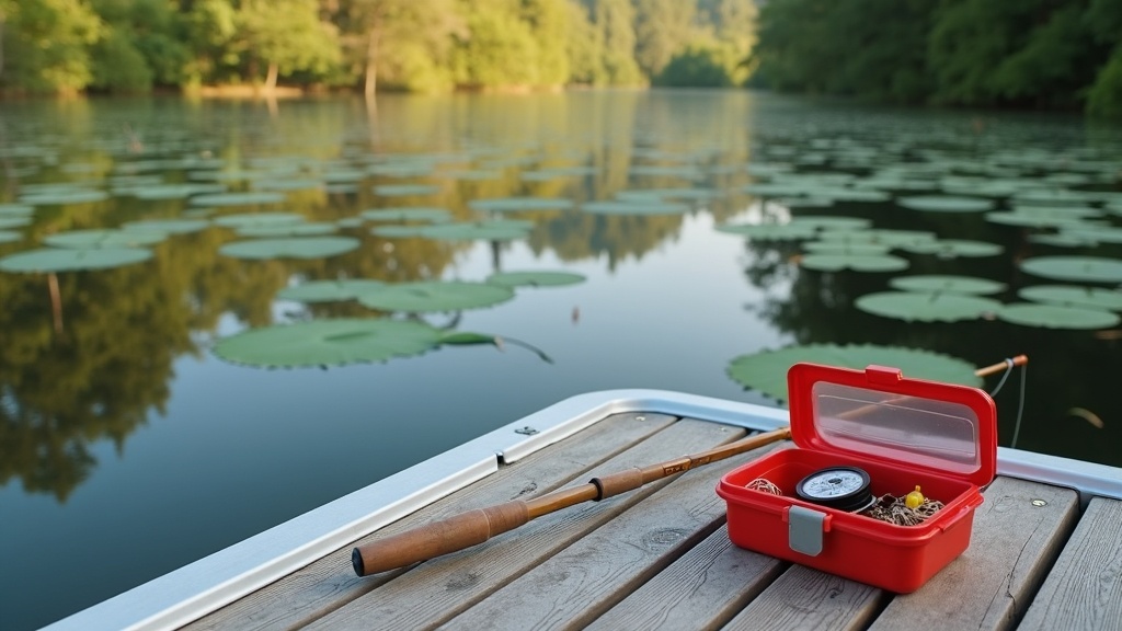 Pontoon floating at anchor with scenic woodland shoreline, Berlin Lake