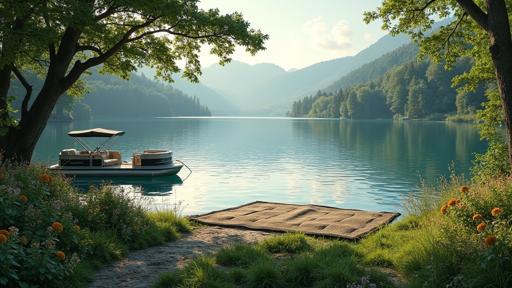 Pontoon moored at a public dock, family walking ashore by picnic tables and playground
