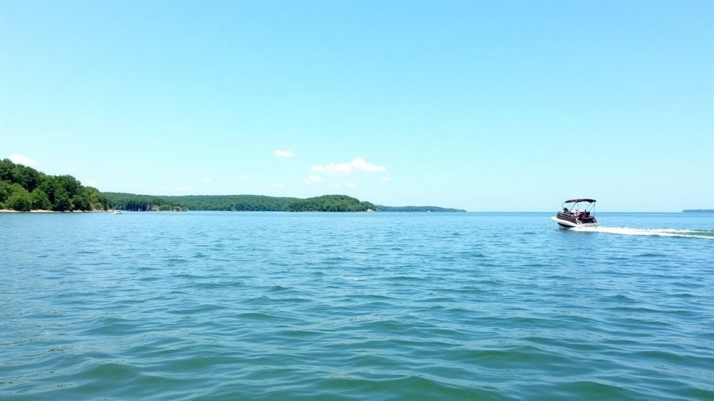 Pontoon boat cruising on Lake Erie near Presque Isle State Park with lush green shoreline, blue water, and clear summer sky.