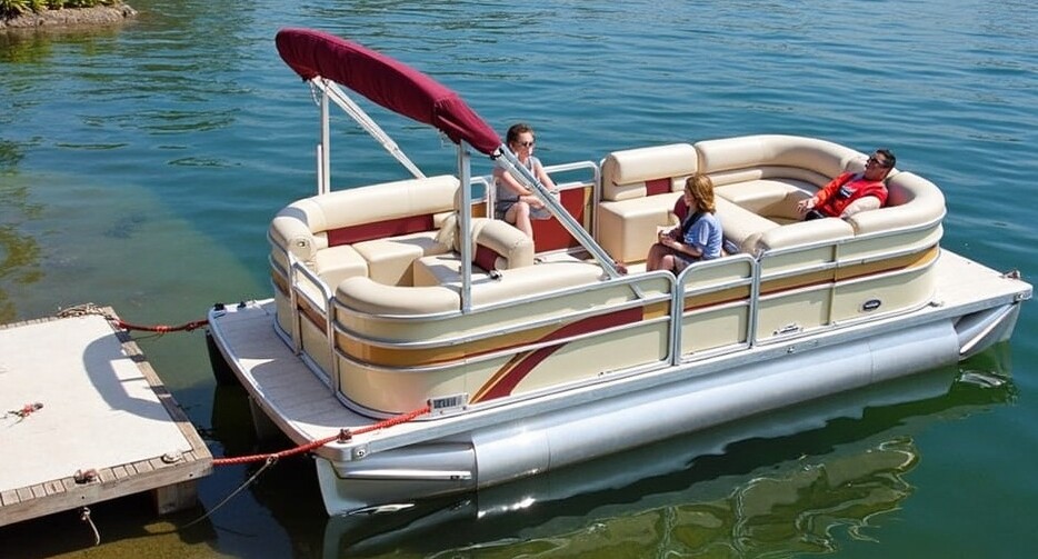 Pontoon boat secured at a sunny dock with safety gear visible