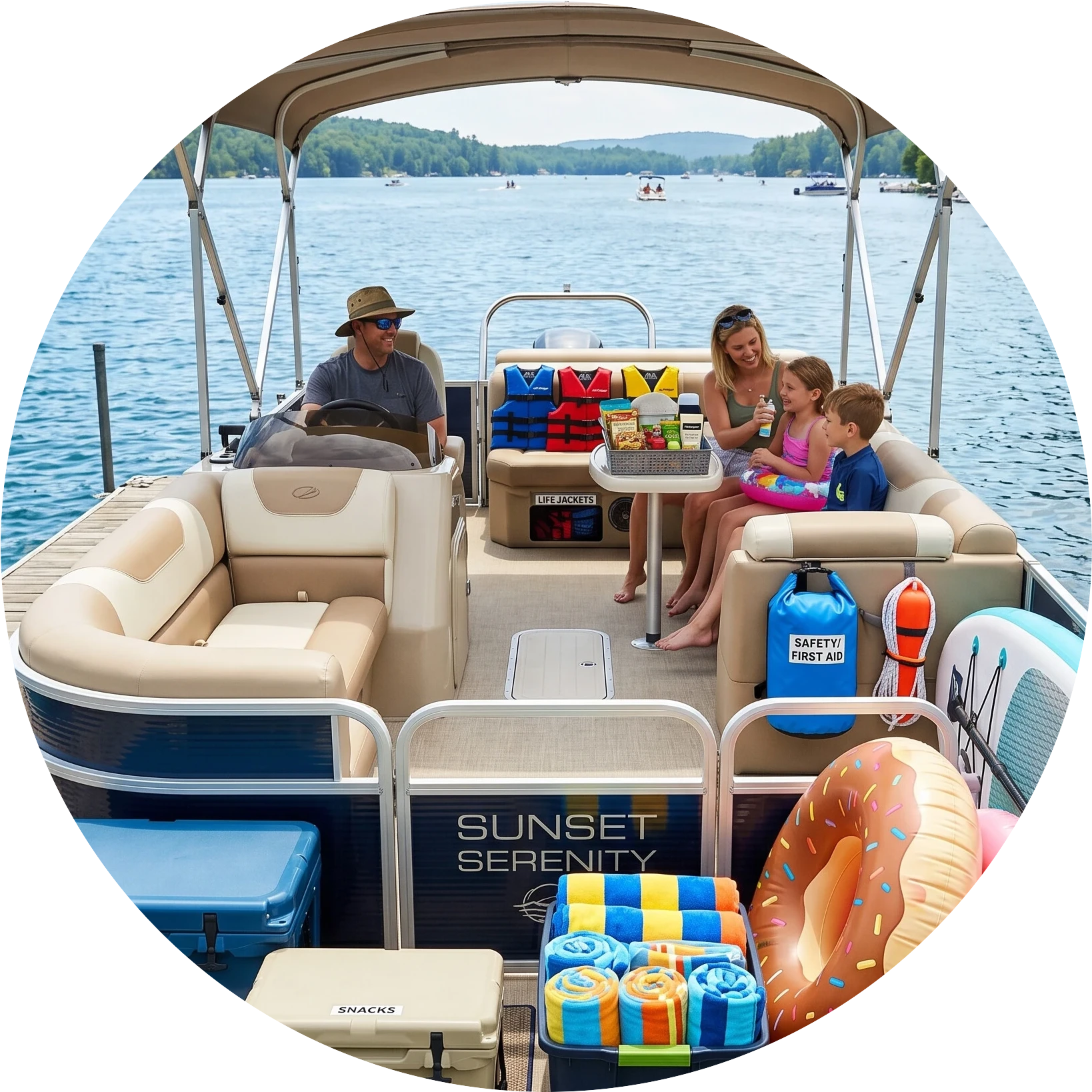 pontoon packed, including safety gear